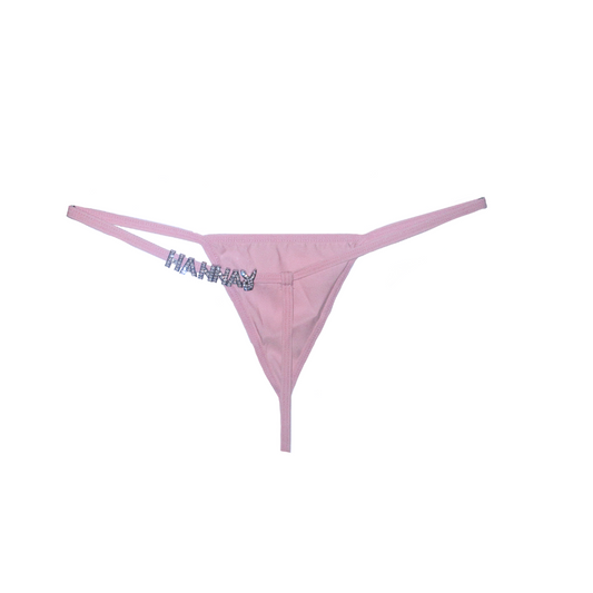 Pink thong with text on a white background